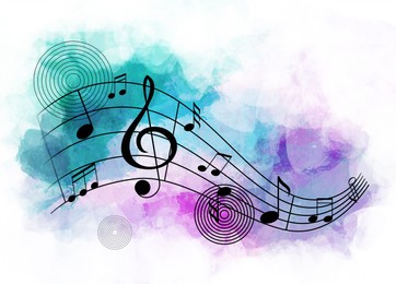 Illustration of Staff with music notes and treble clef on color background