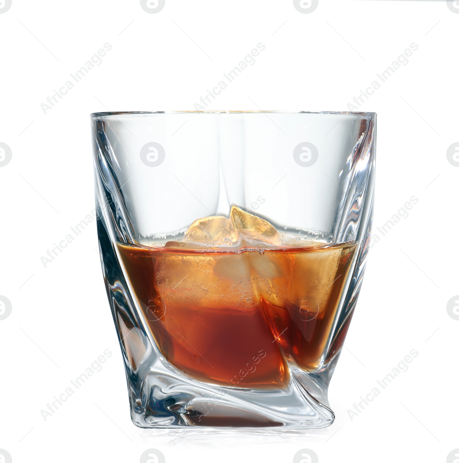 Photo of Glass of scotch whiskey on white background