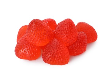 Photo of Pile of delicious gummy strawberry candies on white background