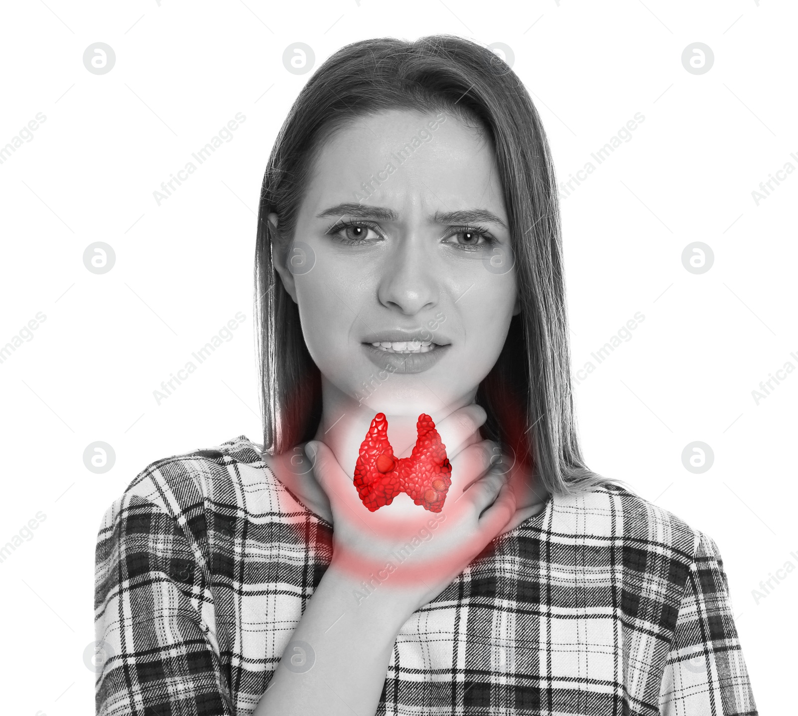 Image of Woman with thyroid gland disease on white background