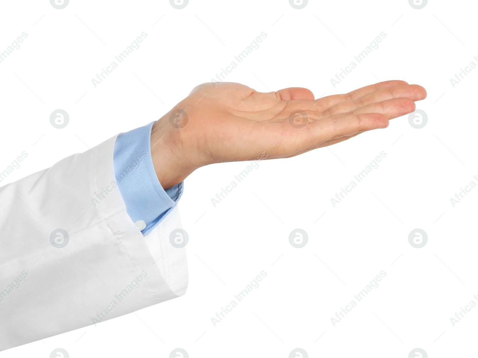 Photo of Male doctor offering helping hand on white background, closeup