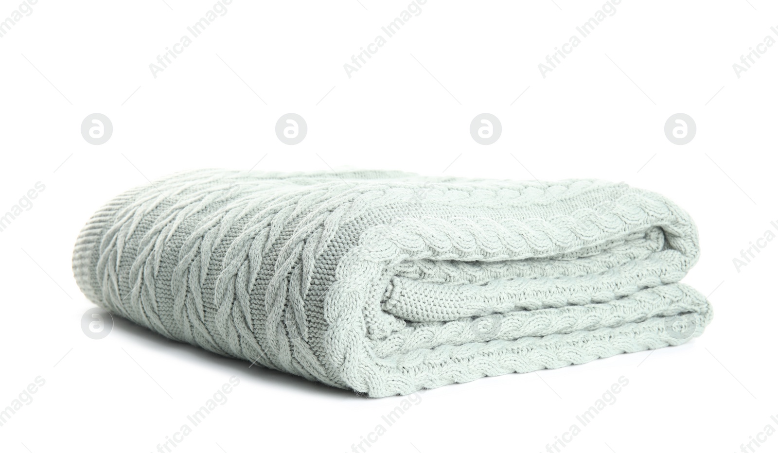 Photo of Stylish light knitted plaid on white background