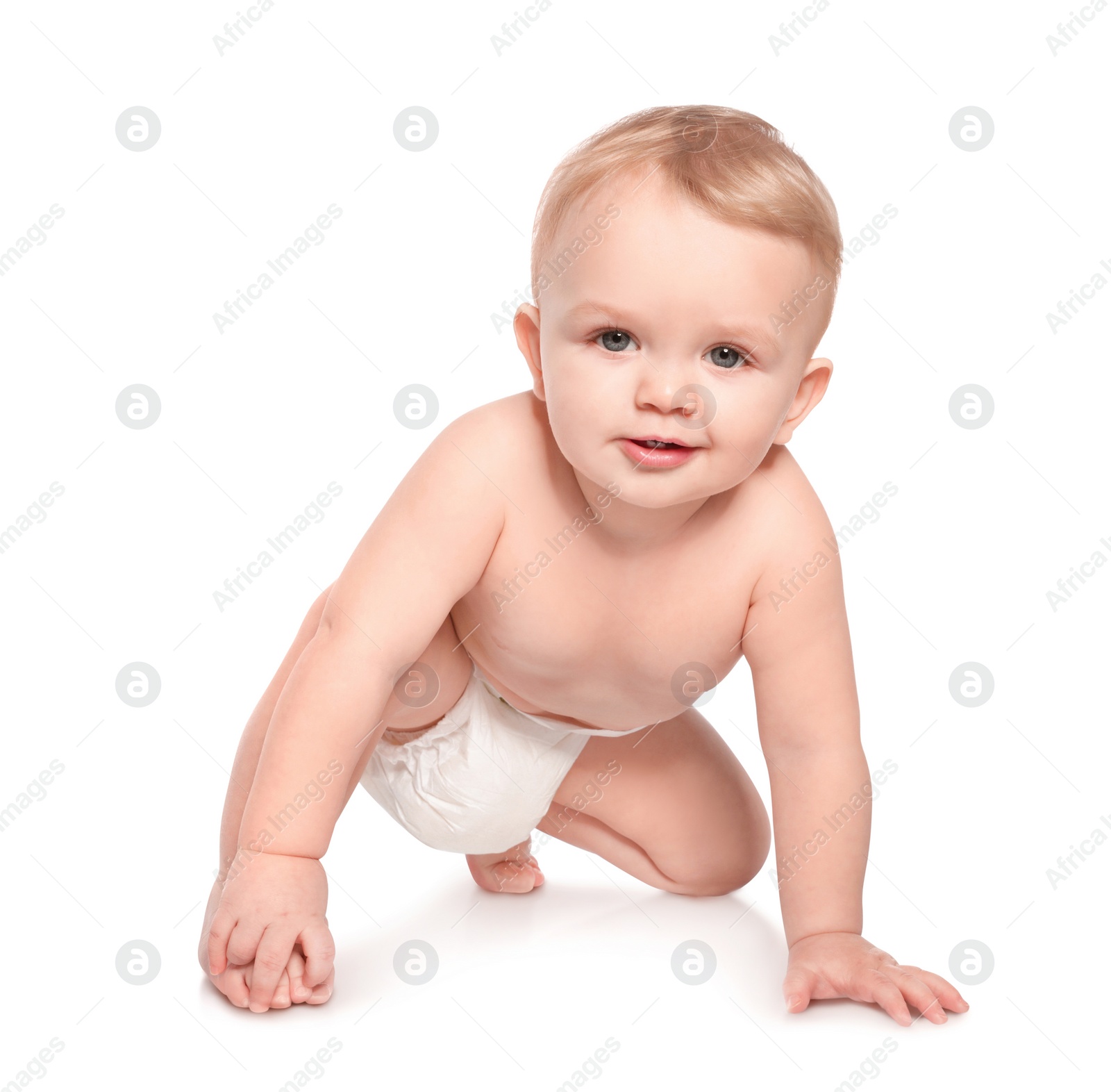 Photo of Cute little baby crawling on white background