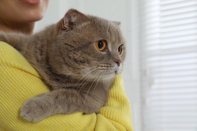 Woman with her adorable cat at home, closeup