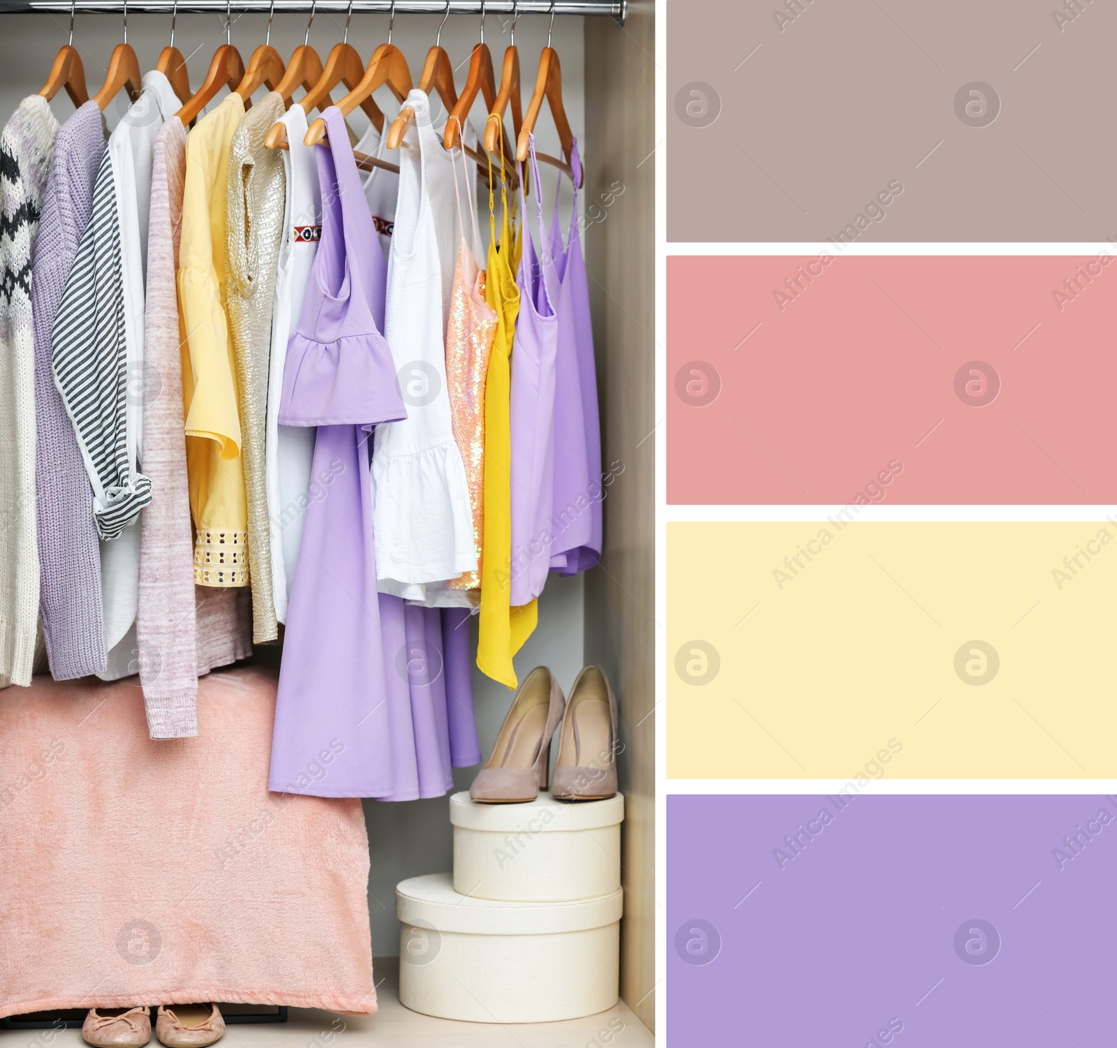 Image of Color palette appropriate to photo of stylish women's clothes on rack in room