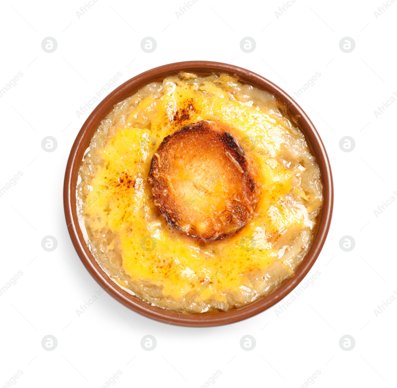 Photo of Tasty homemade french onion soup isolated on white, top view