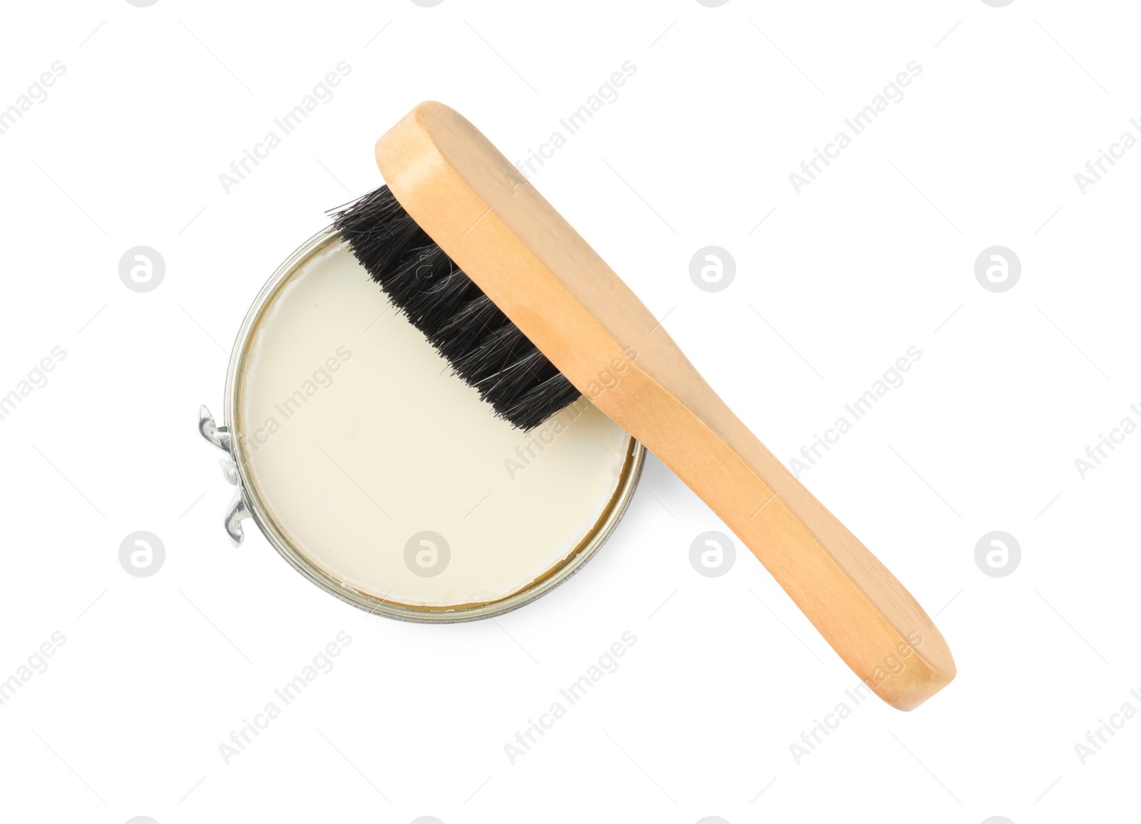 Photo of Shoe care accessories on white background, top view