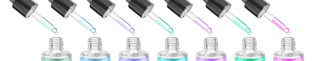 Image of Dripping essential oils from pipettes into glass bottle on white background, collage. Banner design