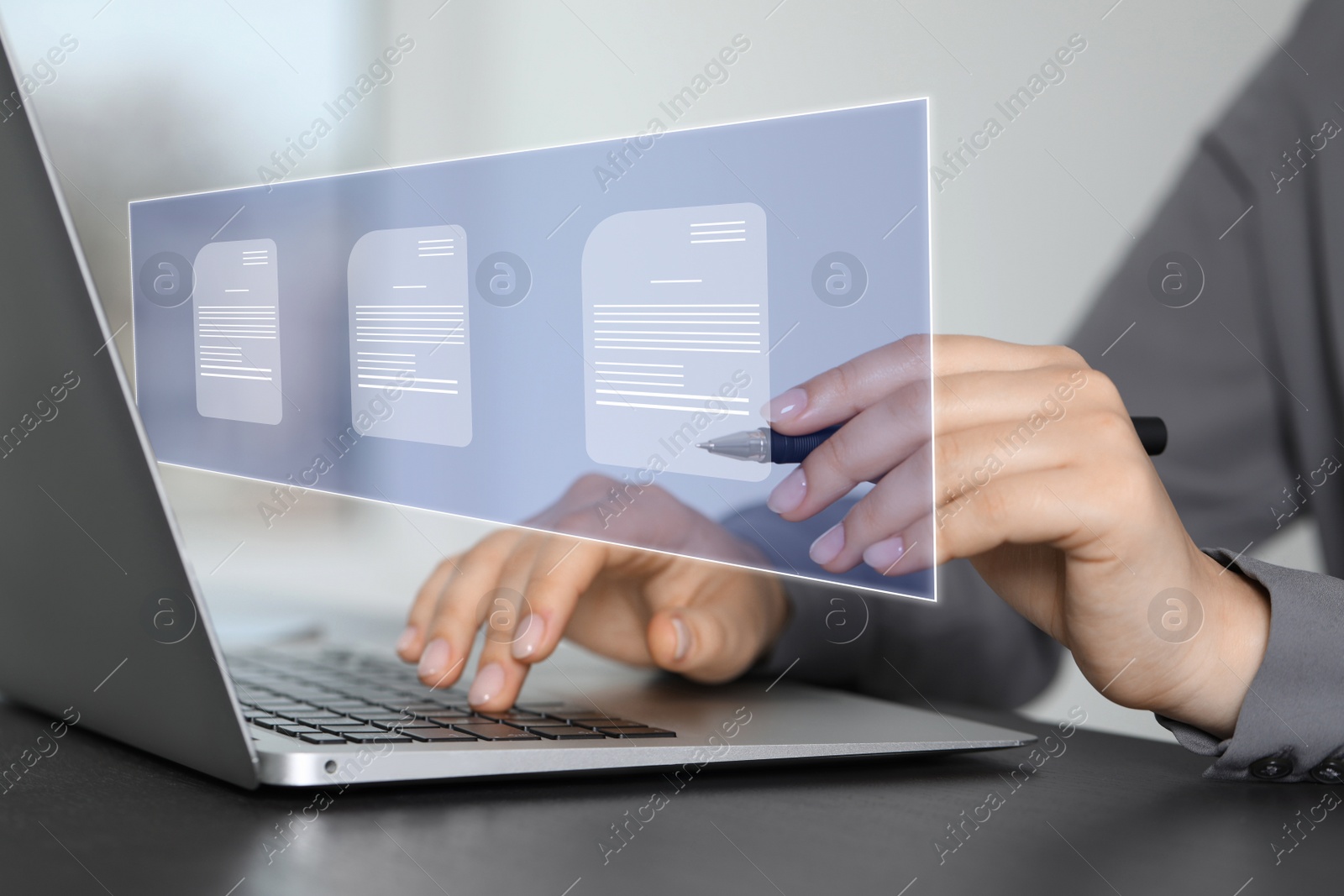 Image of Concept of electronic signature. Woman working on laptop at table indoors, closeup