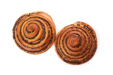 Photo of Freshly baked spiral pastries isolated on white, top view