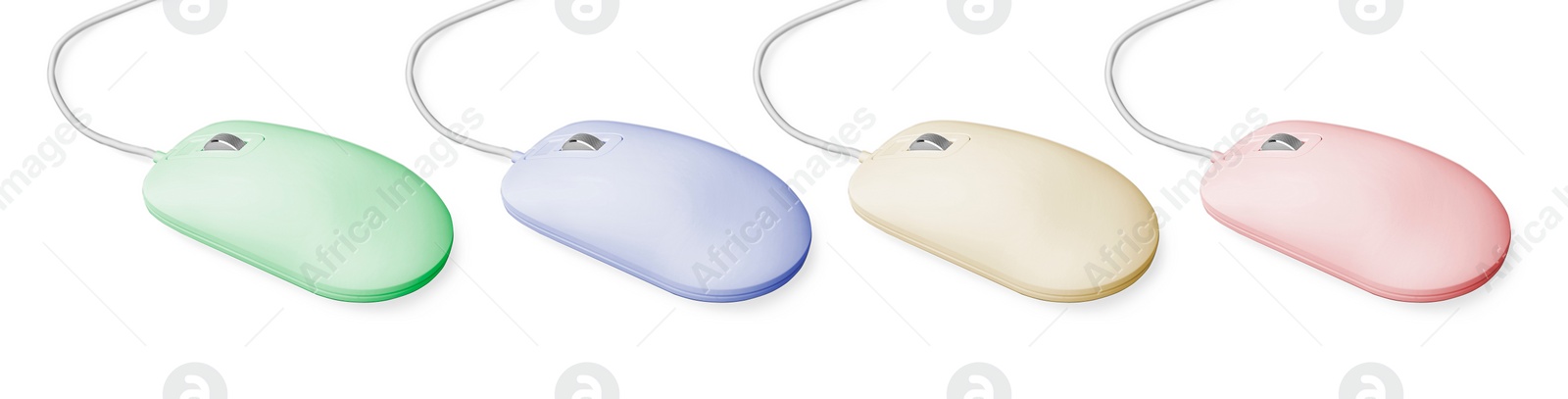 Image of Modern computer mouse on white background, different color variants. Banner design