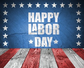 Image of Happy Labor Day. Red and white striped wooden surface on blue background with stars
