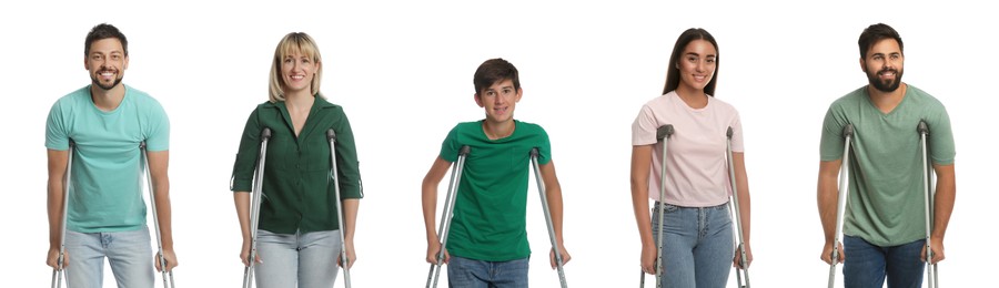 Image of People with axillary crutches on white background, collage. Banner design