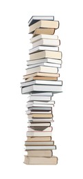 Photo of High stack of many different books isolated on white