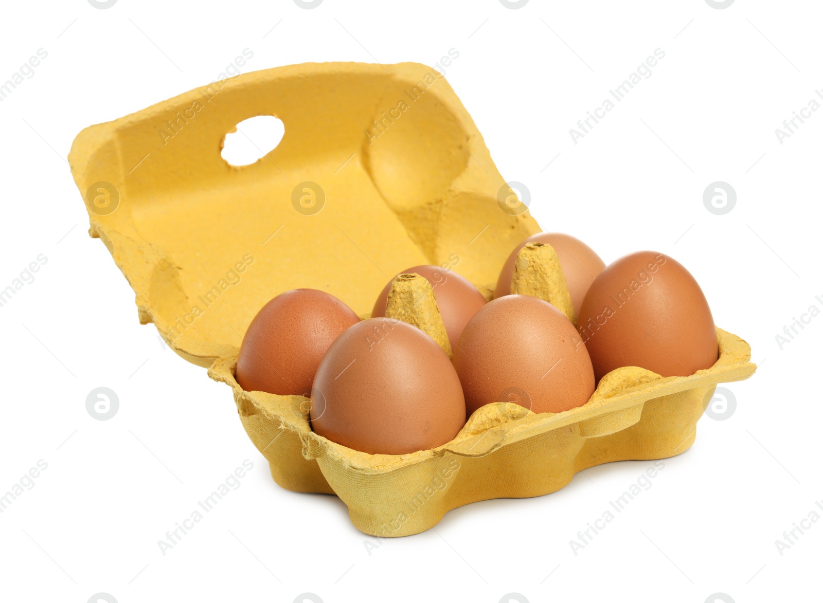 Photo of Chicken eggs in carton isolated on white