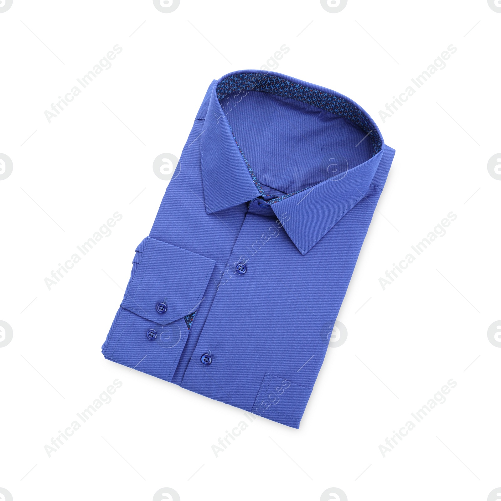 Photo of Stylish blue shirt isolated on white, top view. Dry-cleaning service