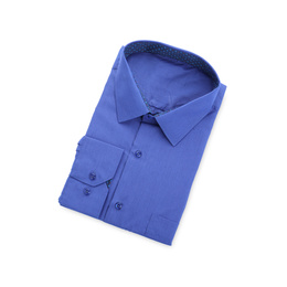 Photo of Stylish blue shirt isolated on white, top view. Dry-cleaning service