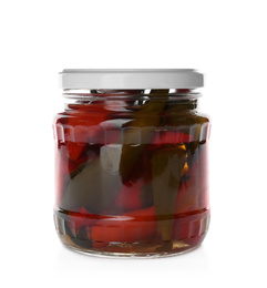 Glass jar with pickled peppers isolated on white