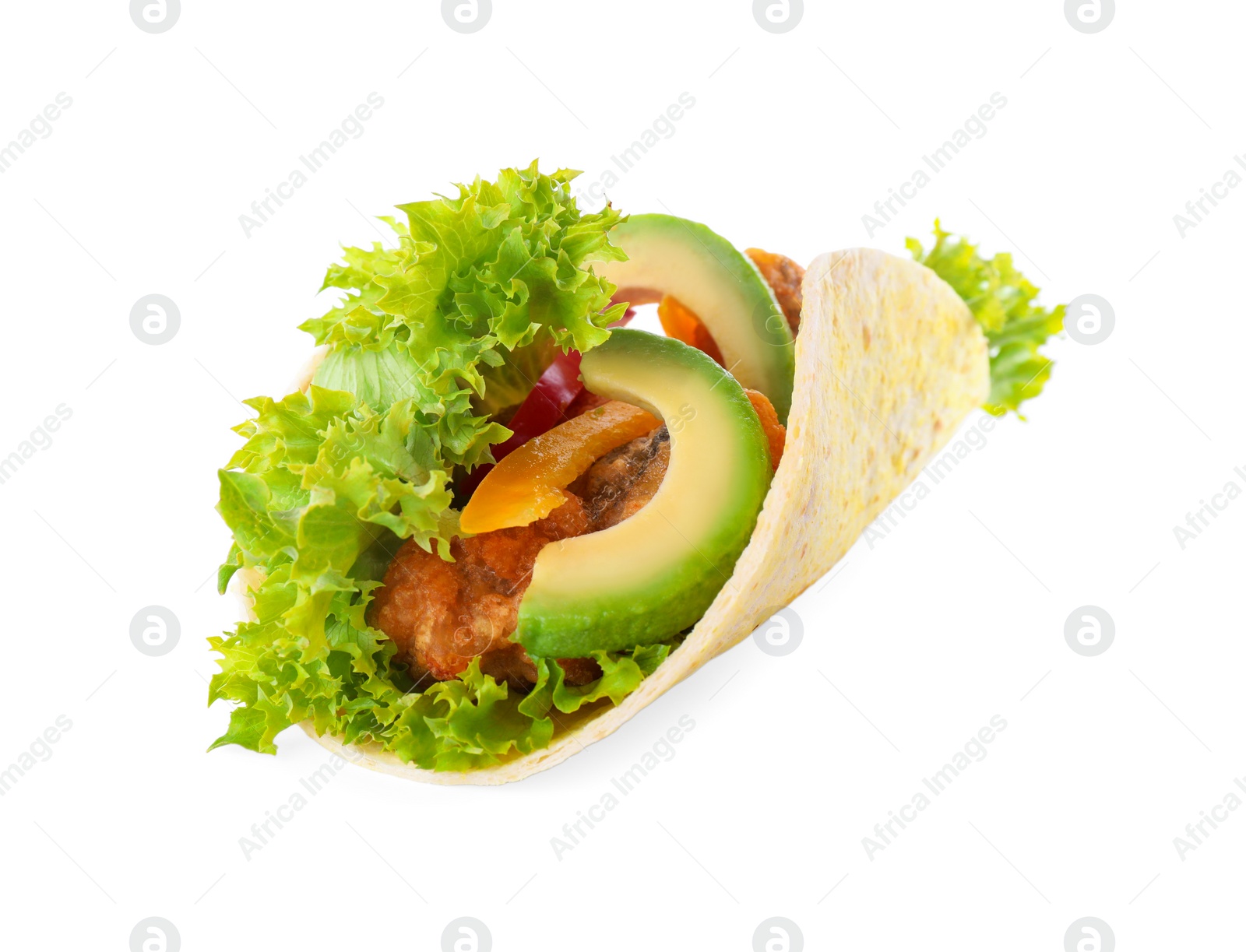 Photo of Delicious fish taco with avocado isolated on white