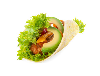 Photo of Delicious fish taco with avocado isolated on white
