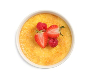 Delicious creme brulee with fresh berries isolated on white, top view