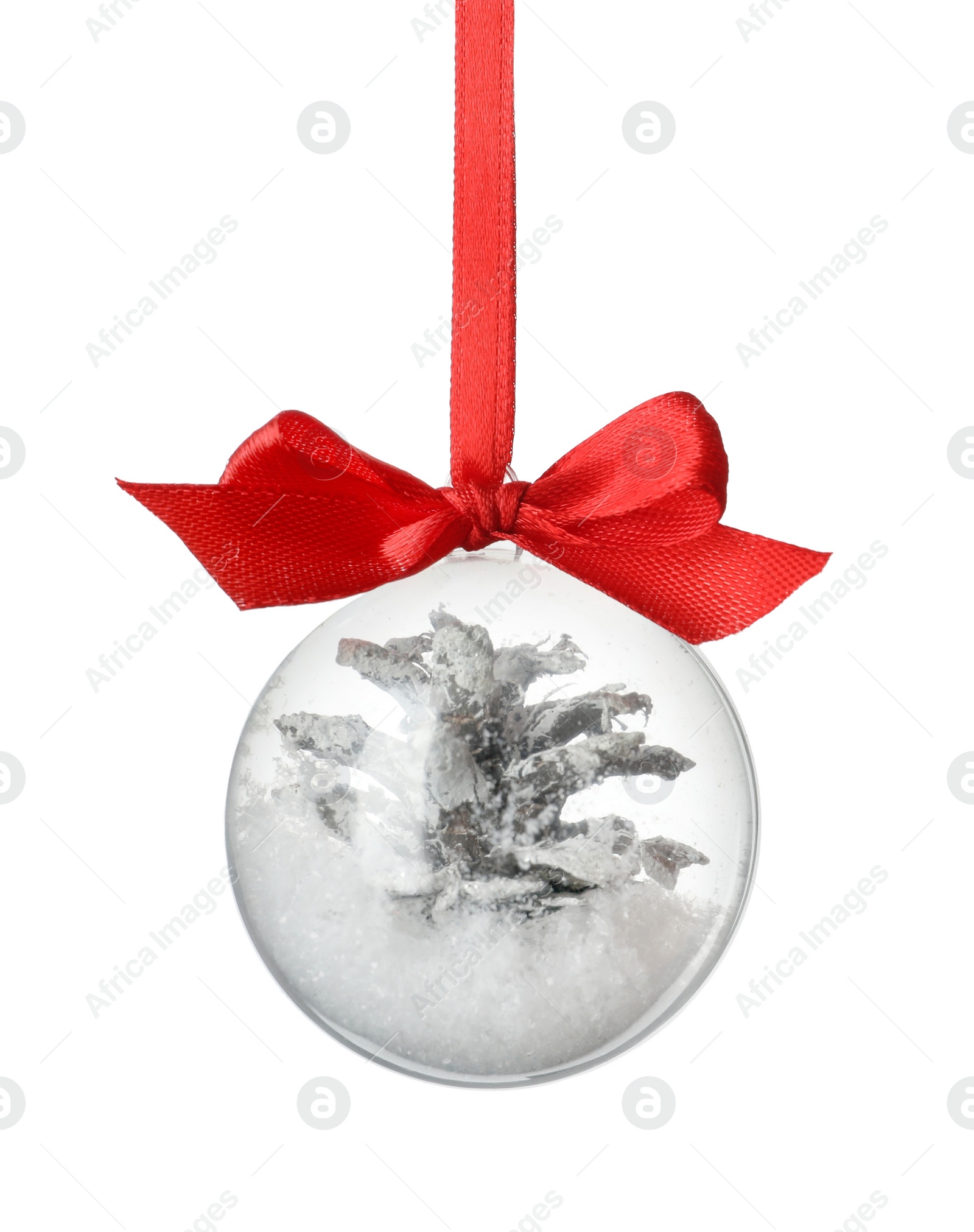 Photo of Decorative snow globe hanging on white background