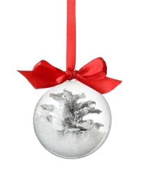 Photo of Decorative snow globe hanging on white background