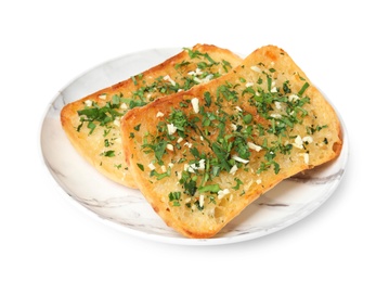 Photo of Plate with tasty homemade garlic bread isolated on white