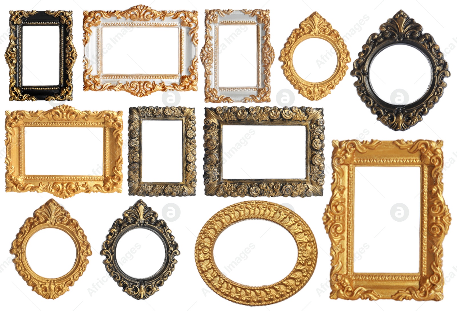 Image of Set of different old fashioned frames on white background