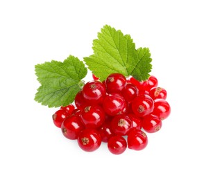 Photo of Pile of fresh ripe redcurrants and green leaves isolated on white