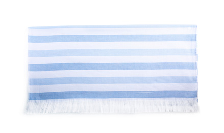 Photo of Striped towel isolated on white, top view. Beach object