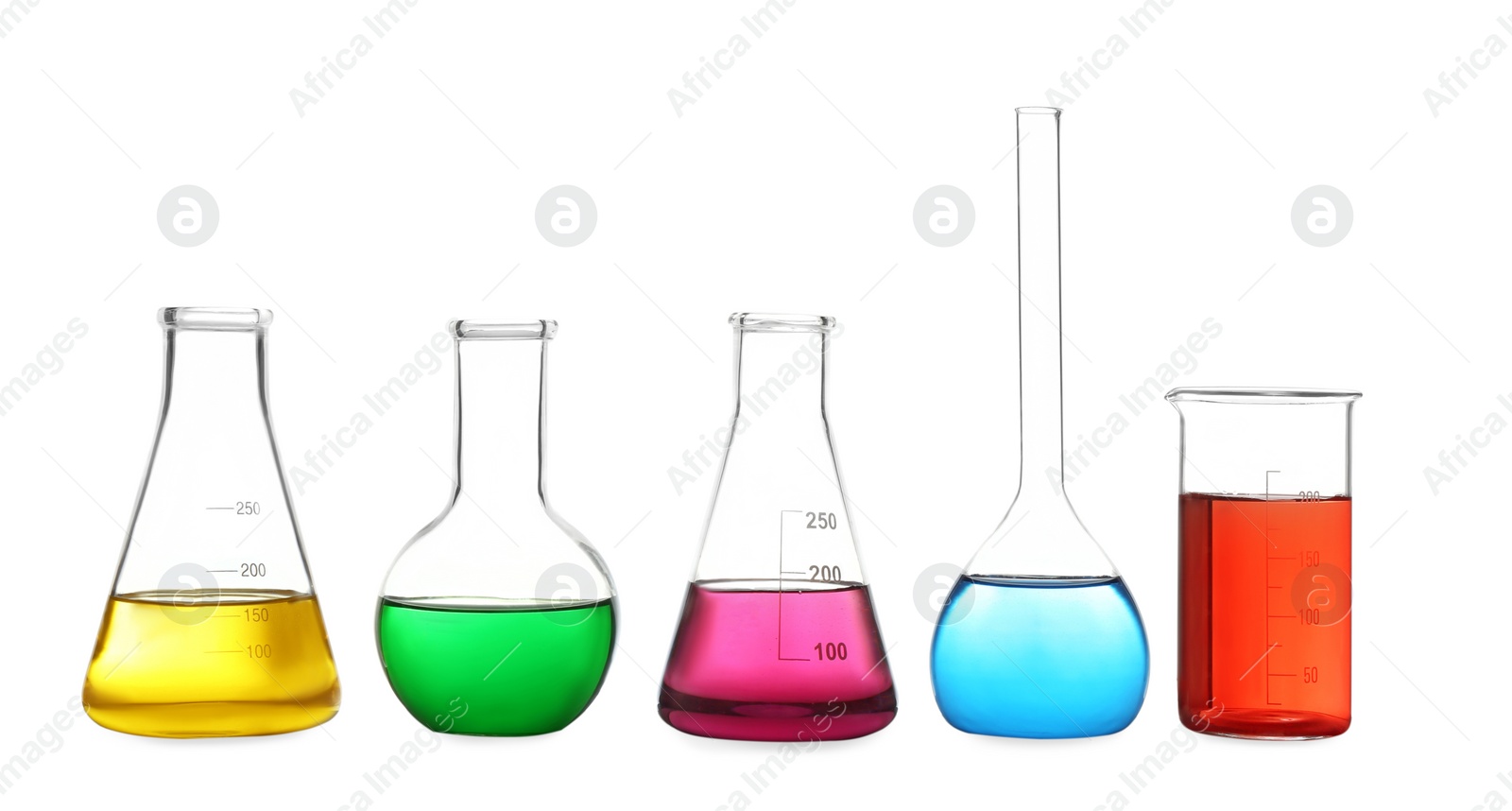 Photo of Different laboratory glassware with colorful liquids isolated on white
