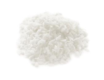 Photo of Heap of fresh coconut flakes isolated on white