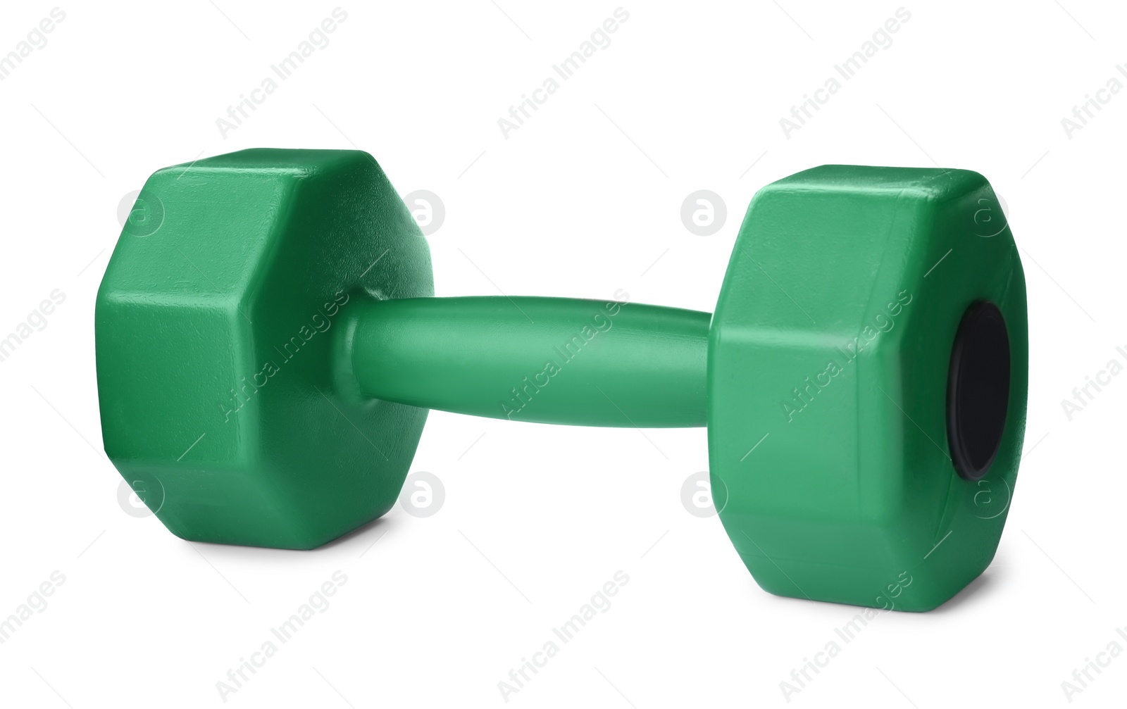 Photo of Green dumbbell isolated on white. Weight training equipment