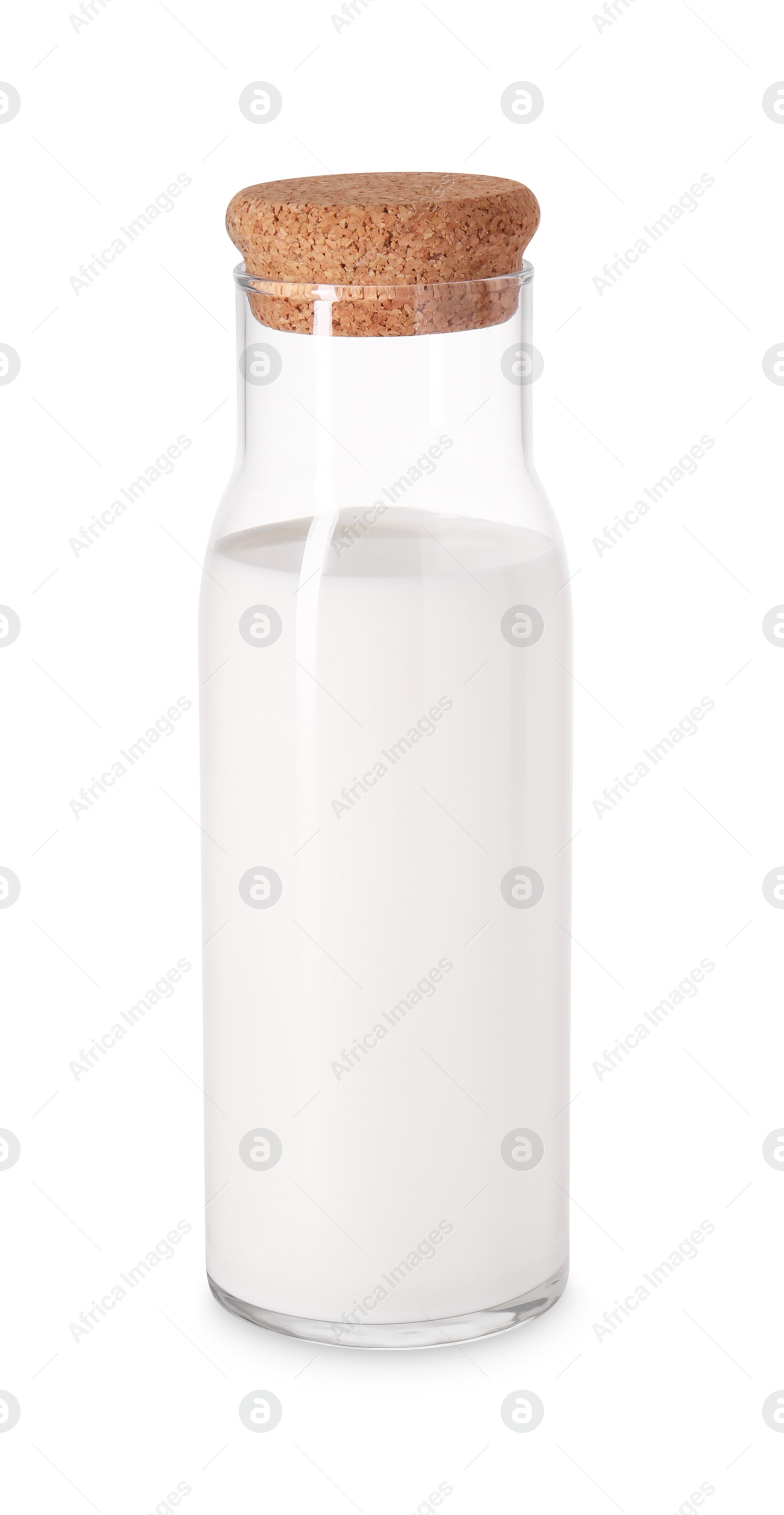 Photo of Glass carafe of fresh milk isolated on white