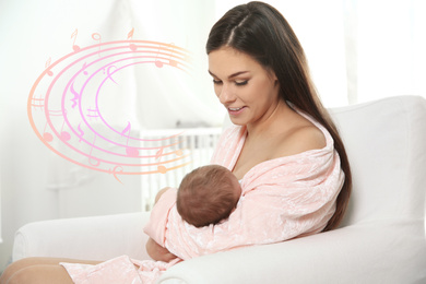 Image of Flying music notes and young woman breastfeeding her baby in nursery. Lullaby songs 