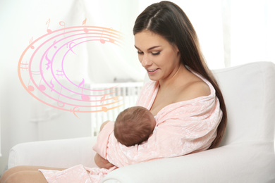 Flying music notes and young woman breastfeeding her baby in nursery. Lullaby songs 