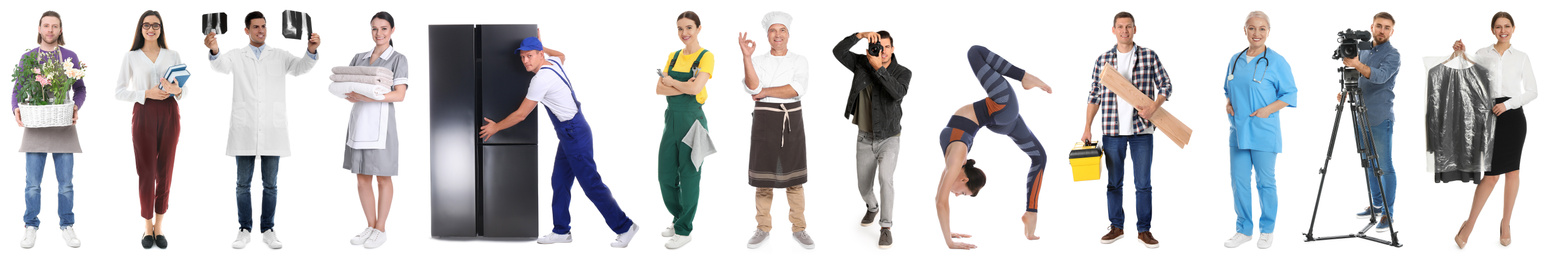 Collage with people of different professions on white background. Banner design