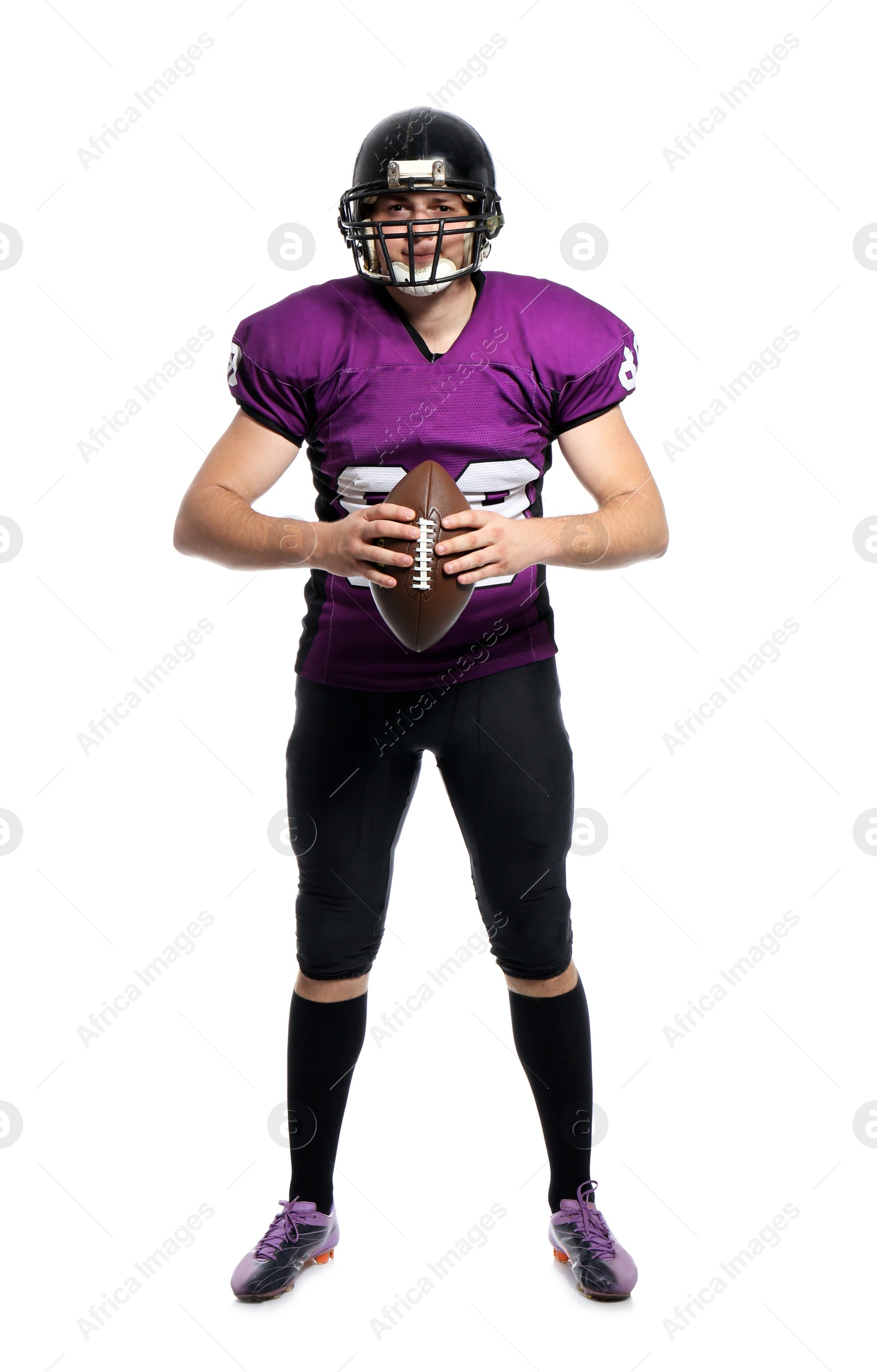 Photo of American football player with ball on white background