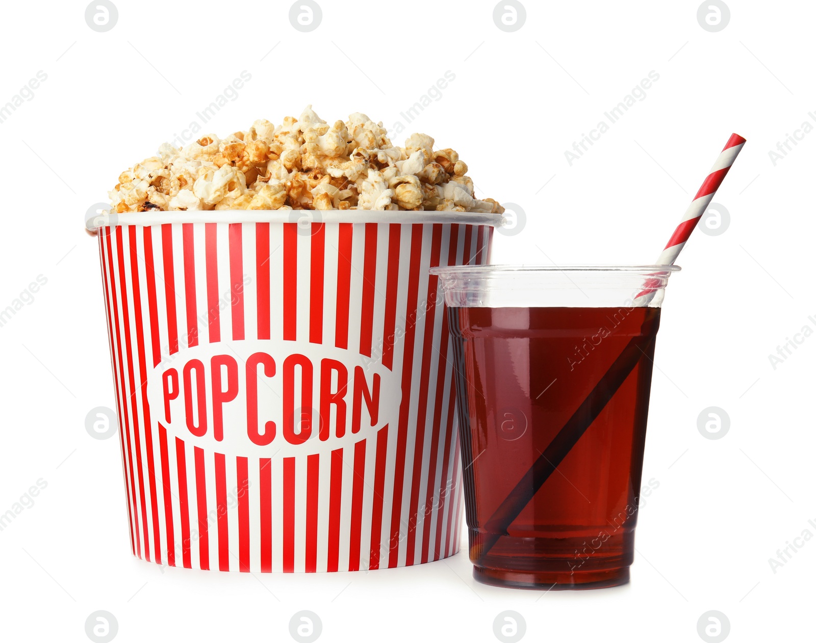 Photo of Bucket with delicious popcorn and plastic cup of cola on white background