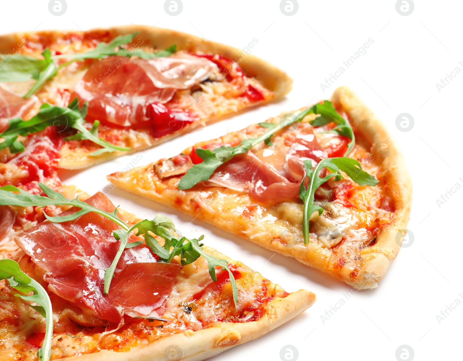 Photo of Tasty hot pizza with meat on white background