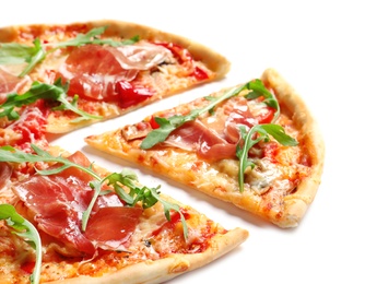 Tasty hot pizza with meat on white background