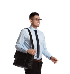 Photo of Businessman with stylish leather briefcase on white background