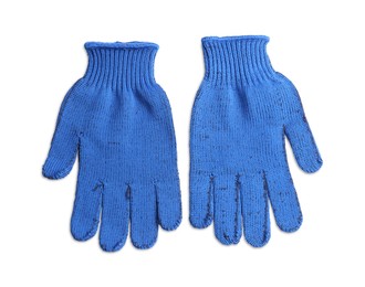 Blue gardening gloves on white background, top view