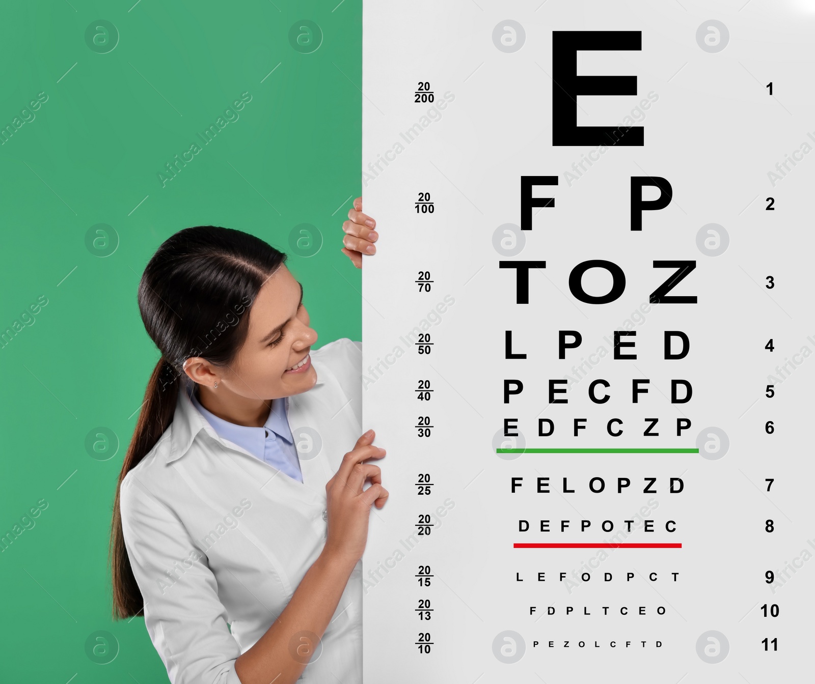 Image of Ophthalmologist with vision test chart on green background