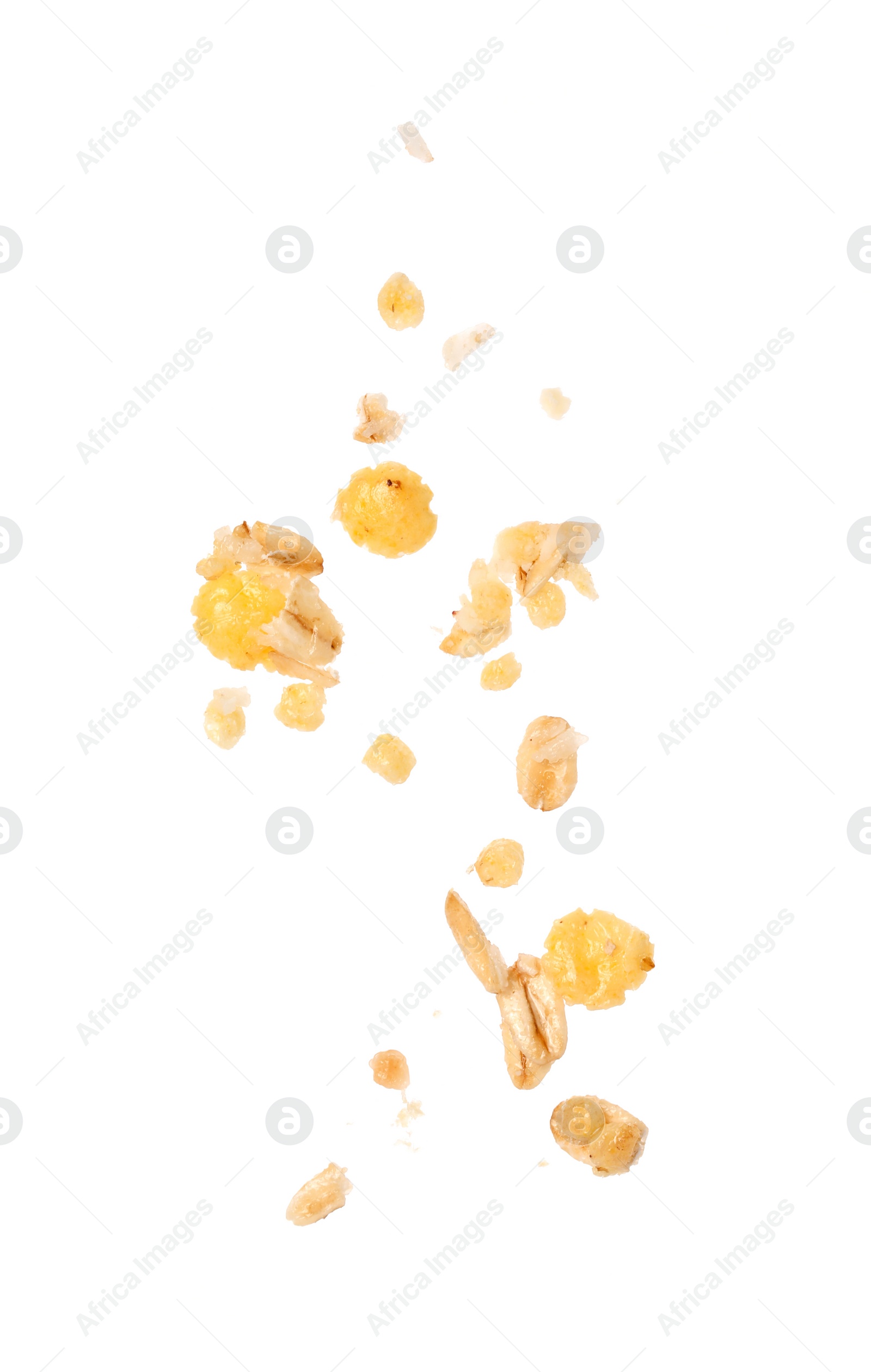 Photo of Pieces of tasty granola isolated on white