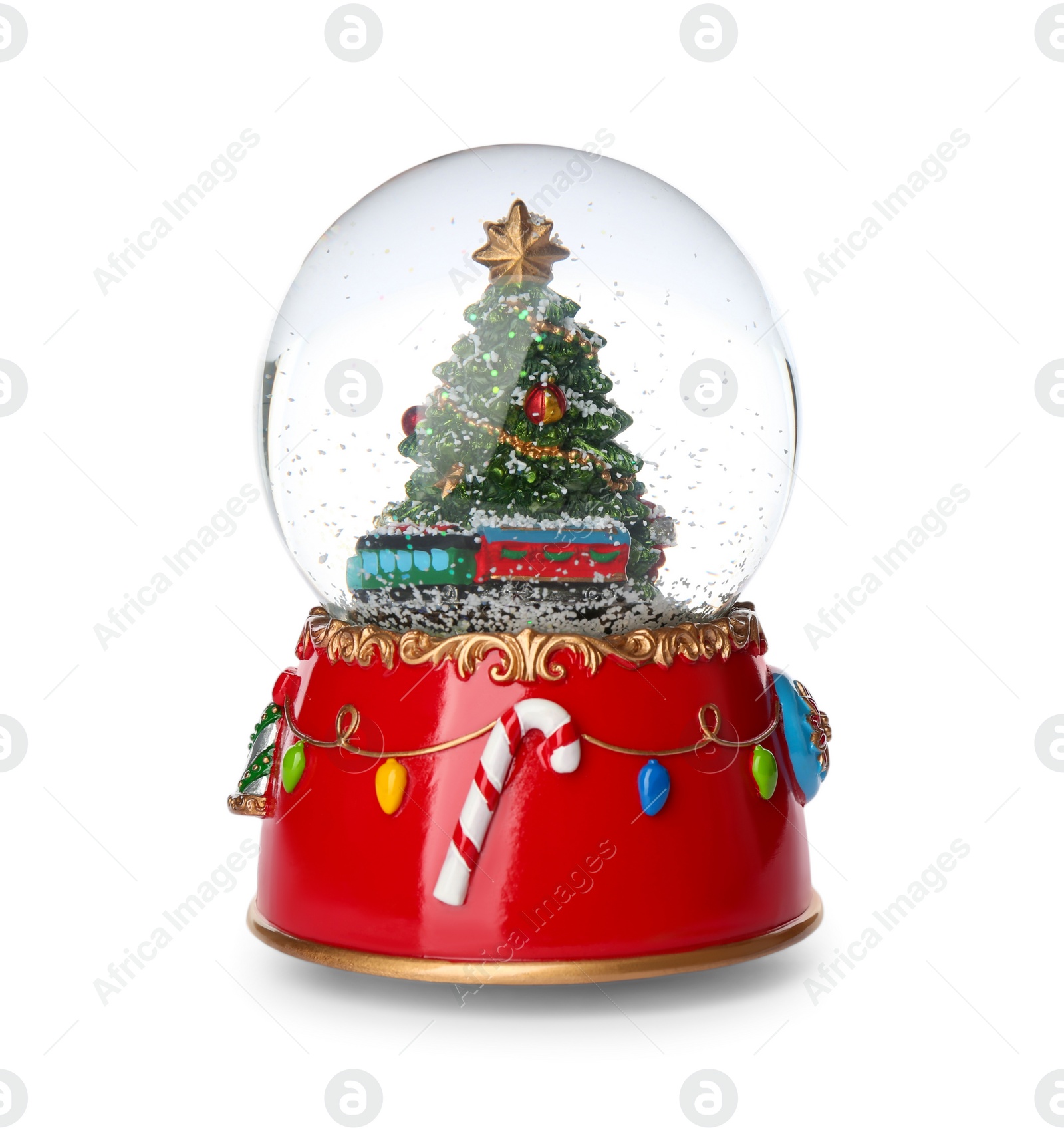 Photo of Beautiful snow globe with Christmas tree isolated on white