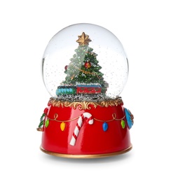 Photo of Beautiful snow globe with Christmas tree isolated on white