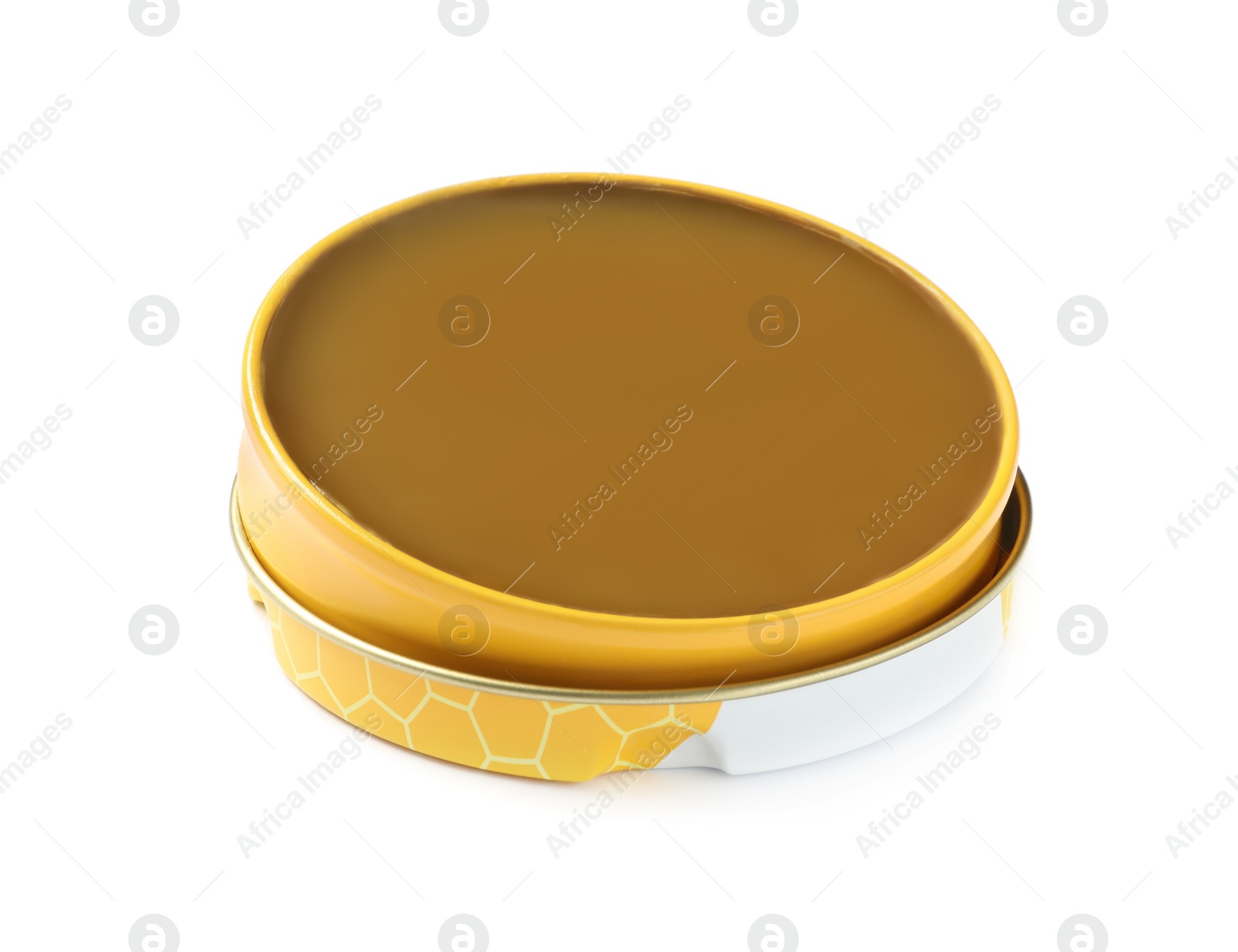 Photo of Can of wax polish isolated on white. Shoe care item