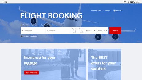 Online flight booking website interface with information